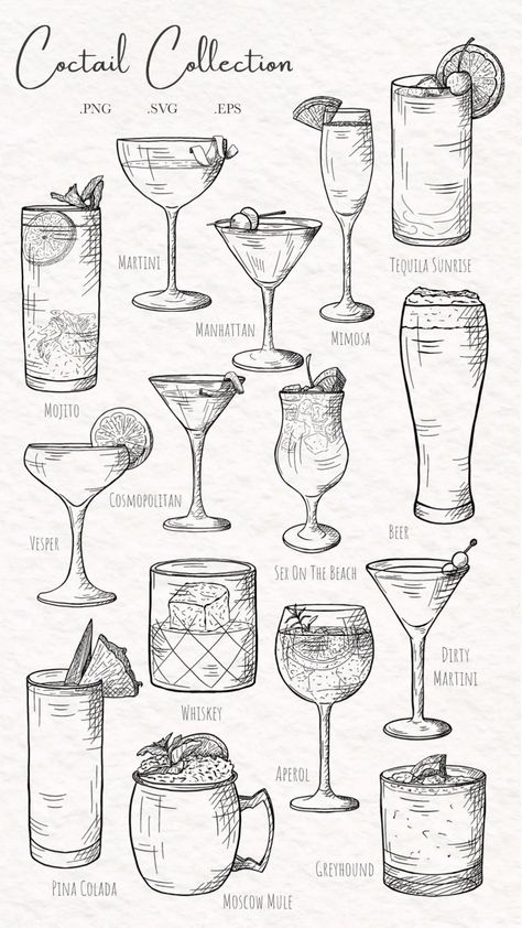 15 Cocktail Illustration Hand Drawn Cocktail Clip Art - Etsy Canada Cocktails Drawing, Wedding Drink Menu, Art Signature, Cocktails Vector, Menu Illustration, Signature Drink Sign, Cocktail Illustration, Cocktail Art, Cocktail Menu