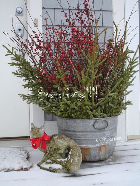 24 Colorful Outdoor Planters for Winter & Christmas Decorations - A Piece Of Rainbow Decorate Planters For Christmas, Outdoor Winter Urn Arrangements, Winter Porch Pots Christmas Arrangements, Porch Pots For Christmas, Planter Box Christmas Outdoor, Outdoor Urns For Christmas, Outdoor Planters Winter, Whiskey Barrel Christmas Ideas, Winter Whiskey Barrel Planter