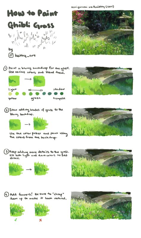 Studio Ghibli Art Style Tutorial, How To Paint Leaves, Ground Drawing, Ghibli Painting, Painting Grass, Grass Painting, Concept Art Tutorial, Digital Painting Techniques, Studio Ghibli Art