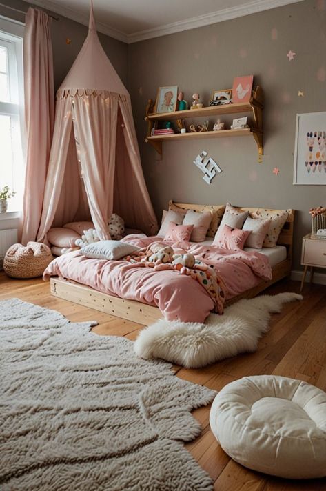 Pink Girls Bedroom Toddler, Bohemian Floor Bed, Childrens Bedrooms Girls Ideas, Toddler Room Girl Ideas, Daughters Bedroom Ideas, Little Toddler Girl Room Decorating Ideas, Floor Bed Toddler Room Ideas, Bedroom With Ledge Wall, Toddler Bed Ideas Girl