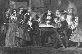 A Family Playing Snapdragon in 1858. This was game involving heated brandy, a shallow bowl, and dim lights. Raisins were placed inside the brandy and lit, and people were supposed to remove the raisins without getting burnt. Eugene De Blaas, Halloween Episodes, Parlor Games, Victorian Parlor, Garden Arbor, Old Christmas, Victorian Christmas, On The Floor, The Floor