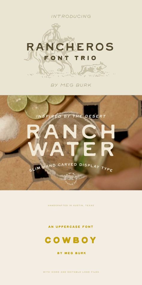 Rancheros - Western Font Trio by Meg Burk Western Typography Design, Rustic Graphic Design Inspiration, Western Packaging Design, Western Canva Fonts, Western Font Pairings, Modern Western Graphic Design, Rustic Design Graphic, Western Website Design, Fancy Graphic Design