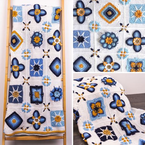 Tile Granny Square, Crochet Tiles Free Pattern, Portuguese Crochet, Crochet Tiles, Crochet Along, Tiled Quilt, Crochet Friends, Crocheted Blanket, Mosaic Crochet