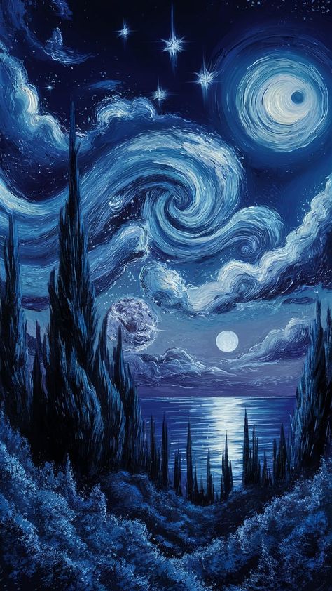 Transform your space with our stunning starry night wallpaper! Immerse yourself in a mesmerizing scene of deep indigo skies, shimmering stars, and swirling clouds. Experience the beauty of ancient cypress silhouettes against a radiant moonlit landscape. Perfect for home decor, bedroom aesthetics, or as digital art. Celebrate the allure of the universe with this enchanting masterpiece! #StarryNight #WallArt #HomeDecor Space Wallpaper Drawing, Night Sky Bedroom Aesthetic, Blue Artistic Wallpaper, A Starry Night Wallpaper, Universe Art Aesthetic, Blue Art Inspiration, Aesthetic Starry Night Wallpaper, Night Sky Art Wallpaper, Sky Bedroom Aesthetic