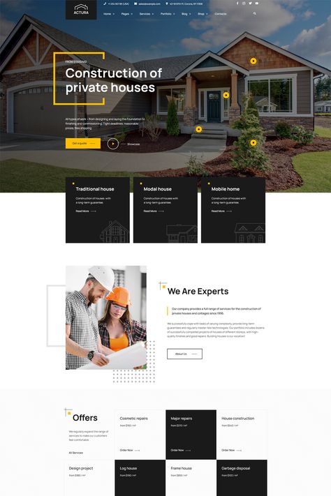 The "Actura Construction WordPress Theme" is a comprehensive and specialized solution tailored for construction companies, contractors, architectural firms, and related businesses. With its modern design and extensive features, this theme offers a powerful platform for showcasing construction projects, architectural designs, and connecting with potential clients seeking construction and architectural services. Website Design Construction Company, Roofing Company Website Design, Home Remodeling Website Design, Builders Website Design, Building Website Design, Construction Website Design Inspiration, Contractor Website Design, Construction Company Website Design, Home Website Design