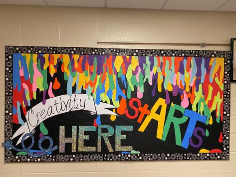 Bulletin Board Ideas For Artwork, Pre K Art Bulletin Board Ideas, Art Is For Everyone, Back To School Art Bulletin Boards, School Art Show Themes, Graphic Design Bulletin Board, Art Club Bulletin Board, Fine Arts Bulletin Board Ideas, Welcome To Art Bulletin Board