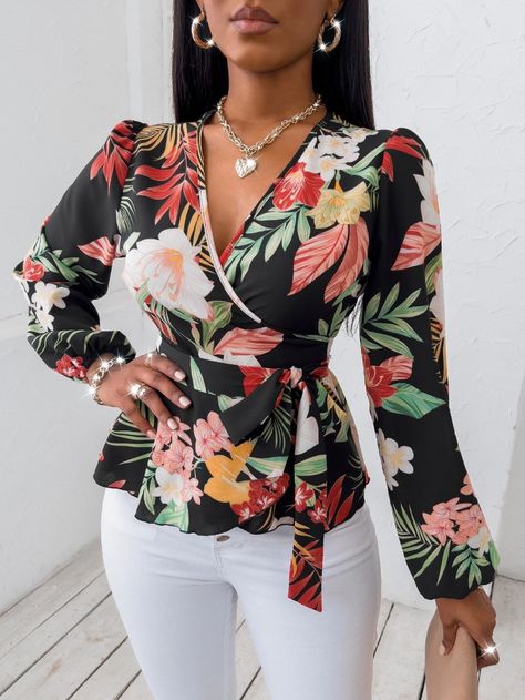 Random Floral Print Wrap Belted Blouse | SHEIN USA English Tops Styles, Stylish Long Tops For Women, Wrap Shirt Outfit, Floral Shirts Women, Floral Blouse Designs, Classy Blouses, Belt Blouse, Flower Print Blouse, Hijab Trends