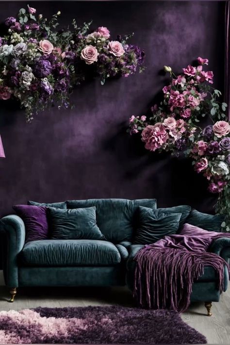 Ombre Wall Art, Purple Living Room, Purple Sofa, Moody Decor, Ombre Wall, Dark Home Decor, Purple Rooms, Set Sofa, Purple Walls