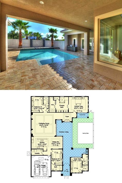 Fusion style one story, 4 bedroom, modern Florida house plan with pool. Inside await gorgeous Florida homes interior like the pictured jaw dropping pool area with lanai that is large, spacious, and luxurious. Tap to see the floor plan of this 3056 sq ft luxury Florida dream home. More Florida style house plans with Separate In-Law Casita at https://www.architecturaldesigns.com/house-plans/florida-house-plan-with-wonderful-casita-42834mj #HousePlans #FloridaHomes #DreamHomes Key West House Plans, Tropical Island House Plans, Small Mediterranean Homes Floor Plans, House Plan With Casita, Florida Home Plans One Story, Hawaii House Plans, Courtyard Pool House Plans, Florida Home Plans, Florida Dream Home