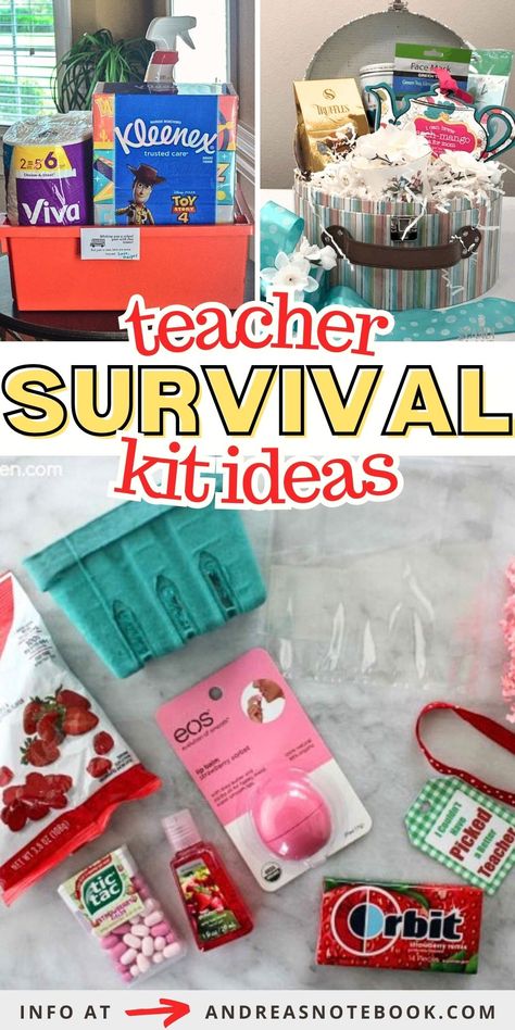 Teacher Christmas Basket Gift Ideas, Diy Gift Basket For Teacher, New Teacher Gift Basket Survival Kits, Substitute Teacher Survival Kit, First Year Teacher Survival Kit, Teacher Survival Kit Gift Diy, Teacher Survival Kit Gift Ideas, Teacher Supplies Gift Basket, Teacher Christmas Survival Kit