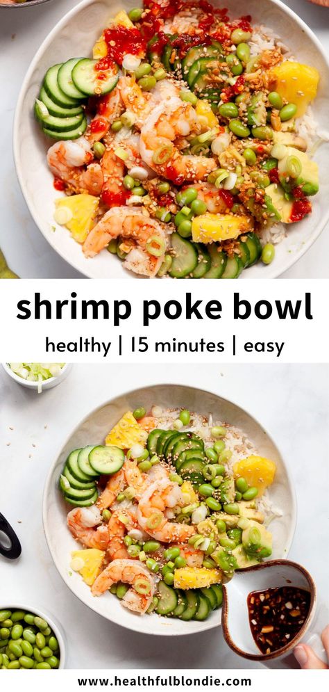 A quick and easy shrimp poke bowl recipe that's full of buttery sautéed shrimp, pickled cucumber salad, brown rice, and topped with our favorite honey soy dressing. A fun and healthy 15 minute weeknight dinner! Poke Bowl Ideas Shrimp, Asian Poke Bowl, Dressing For Poke Bowl, Macro Friendly Shrimp Bowl, Brown Rice Poke Bowl, Shrimp And Coleslaw Recipes, Poke Bowl Homemade, Shrimp And Crab Poke Bowl, Healthy Shrimp Bowl Recipes