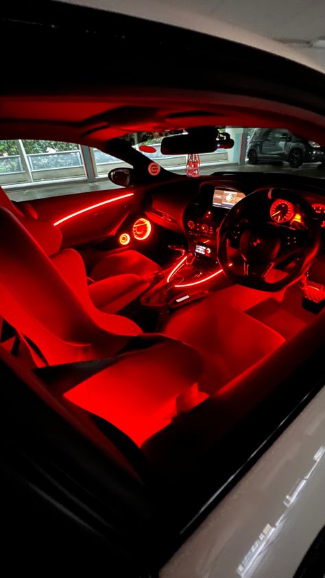 Led Car Lights Interior Red, Inside Of Sports Car, Chrome Car Aesthetic, Hellcat Interior Aesthetic, Black Cars With Red Interior, Red Inside Car, Red Interior Car Aesthetic, Black Car With Red Interior, Red Car Interior Decor