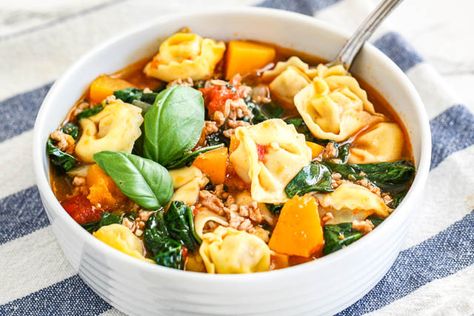 Spinach Tortellini Soup with Italian Sausage and Butternut Squash Sausage And Butternut Squash, Tortellini Soup With Italian Sausage, Soup With Italian Sausage, Spinach Tortellini Soup, Sausage Tortellini Soup, Spinach Tortellini, Sausage Tortellini, Italian Sausage Soup, Sausage Soup