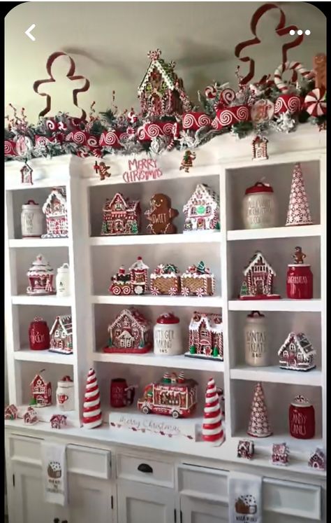 Two Tier Christmas Decor, Gingerbread House Mantle Decor, Peppermint Christmas Tree Ideas Diy, Sweets Christmas Decorations, Gingerbread Cabinet Decor, Gingerbread Shelf Decor, Gingerbread Christmas Display, Gingerbread Fireplace Decorations, Cabinets Wrapped Like Presents