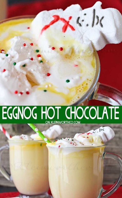 Eggnog Hot Chocolate is an easy non-alcoholic eggnog recipe that the little ones love. But it's so good that even the kids at heart will want some too. Perfect for the holidays. Make Thanksgiving and Christmas so good with this easy drink recipe. Eggnog Treats, Non Alcoholic Eggnog Recipe, Eggnog Chocolate, Eggnog Hot Chocolate, Christmas Drinks Nonalcoholic, Alcoholic Eggnog, Eggnog Recipes, Drinks Nonalcoholic, Eggnog Drinks