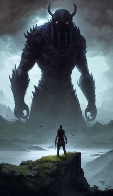 Humans vs Giants fantasy art Man Vs Giant Monster Art, Man Vs Giant, Giant Monster Vs Small Human, Giant Beast Fantasy Art, Large Creature Concept Art, Forest Giants Fantasy Art, Nephilim Giants Art, Giant Skeleton Art, Man Vs Monster