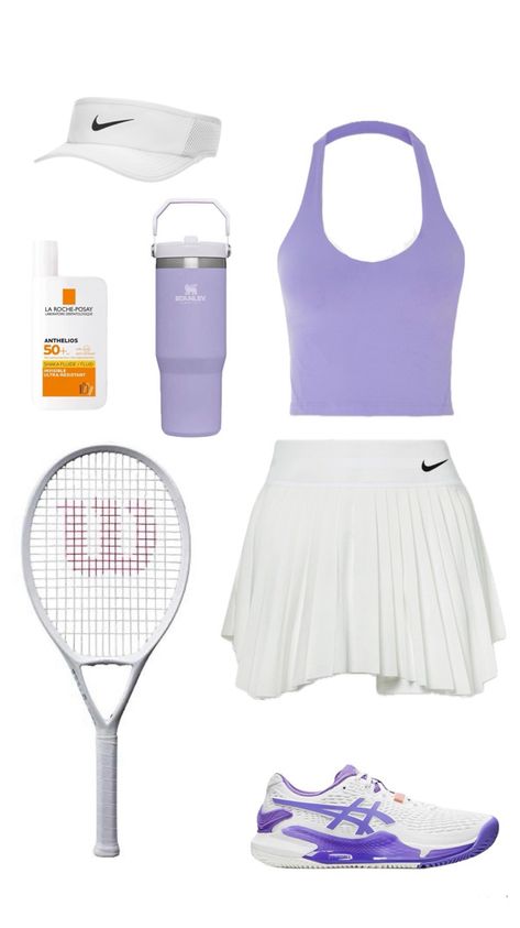 Aesthetic purple and white tennis outfit with white skirt, purple top and shoes,wilson racket and Stanley Purple Tennis Racket, Cute Tennis Fits, Tennis Outfits Aesthetic, Tenis Outfits Sport, Tenis Aesthetic Sport, Sport Outfits Aesthetic, Tennis Racket Aesthetic, Outfit With White Skirt, Sport Outfit Ideas