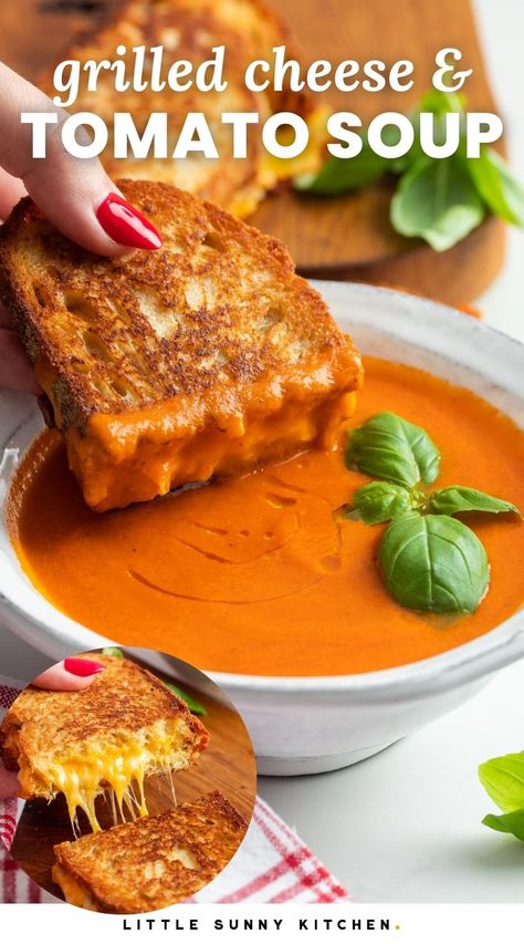 This Easy Homemade Grilled Cheese and Tomato Soup Recipe elevates a comfort food favorite to gourmet status in just 30 minutes from start to finish. Easy Grilled Cheese And Tomato Soup, Grill Cheese And Soup, Gourmet Tomato Soup And Grilled Cheese, Best Grilled Cheese For Tomato Soup, Tomato Bisque And Grilled Cheese, Tomato Soup For Grilled Cheese, Grilled Cheese For Tomato Soup, Grilled Cheese Sandwich Tomato Soup, Homemade Tomato Soup And Grilled Cheese