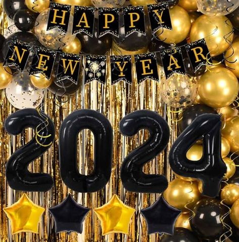 Nye Balloons, Happy New Year Animation, Nye Decorations, New Year Backdrop, Banner Black, Happy New Year Wallpaper, Happy New Year Banner, New Year's Party Decorations, Gold Banner