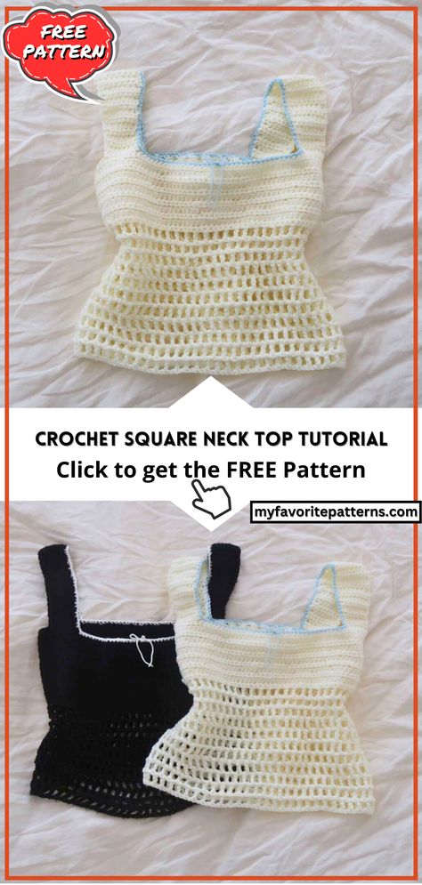 Crochet Square Neck Top Tutorial Crochet Square Neck Top Pattern Free, Easy Free Crochet Top Patterns, Crochet Tops Pattern Free Summer, Crochet Top With Pattern, Cute Crochet Tops Pattern, Crocheted Top Pattern, How To Crochet A Top Step By Step, Crochet Summer Inspiration, Free Crochet Top Patterns For Beginners