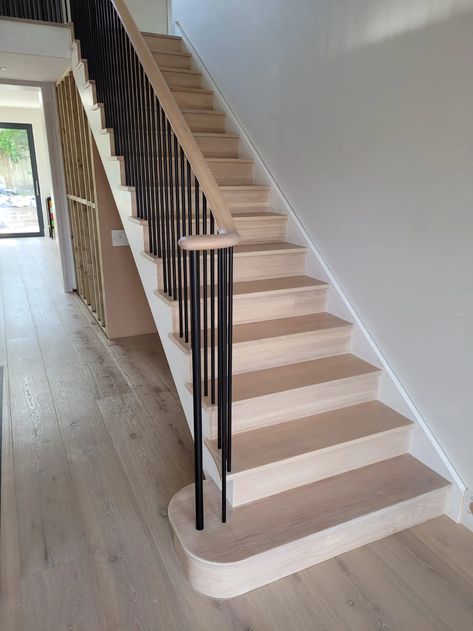 Cut String Stairs with Metal Spindles | Gallery Metal Spindles Staircase, Staircase Spindles, Staircase Metal, Stairs Cladding, Metal Spindles, Carpet Staircase, Bespoke Staircases, Narrow Staircase, Contemporary Stairs