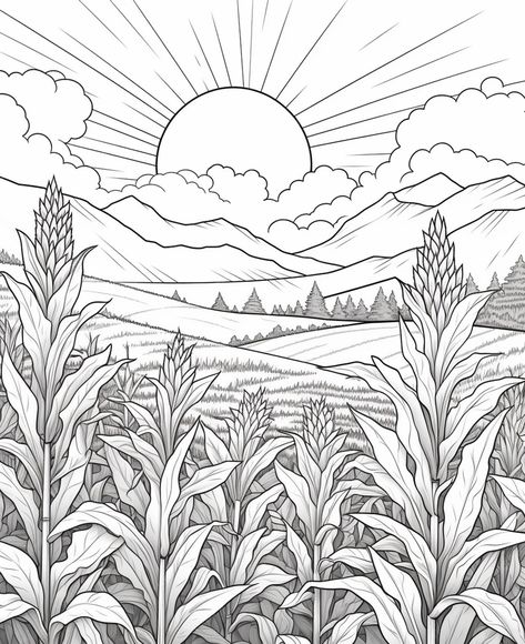 Premium AI Image | A drawing of a corn field with a sun in the background generative ai Field Of Flowers Coloring Page, Corn Field Tattoo, Drawing A Sun, Cornfield Drawing, Sunflower Field Drawing, Corn Field Drawing, Sun Drawing Design, Drawing Of A Sun, Fields Drawing