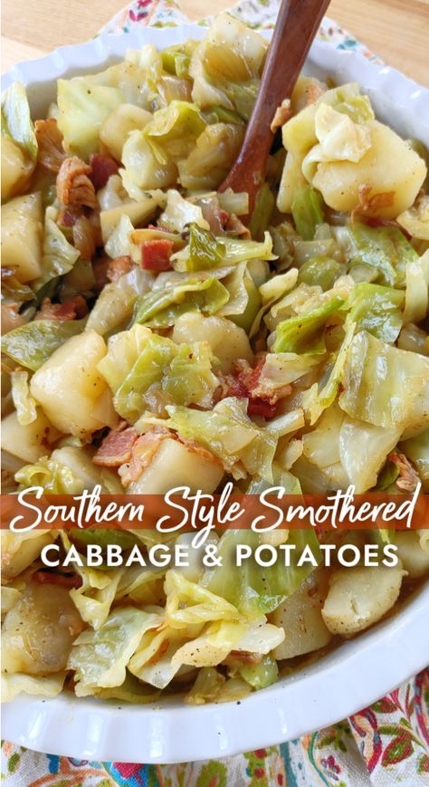 Southern-Style Smothered Cabbage & Potatoes! A simple homestyle recipe for tender potatoes smothered in fried cabbage and onions cooked with bacon. Southern Cabbage, Cooked Cabbage Recipes, Cabbage Recipes Southern, Boiled Cabbage, Buttered Cabbage, Cabbage And Potatoes, Cabbage And Sausage, Southern Recipes Soul Food, Cabbage Recipe