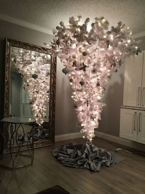 25+ Upside Down Christmas Tree Ideas That You'll Love - Architectures Ideas Inverted Christmas Tree, Christmas Tree Upside Down, Christmas Tree From Ceiling, Upside Down Christmas Tree Ideas, Upside Down Tree, Upside Down Christmas Tree, Minimal Decoration, Contemporary Christmas Trees, Silver Garland