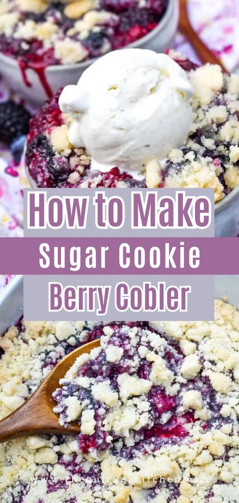 Sugar cookie berry cobbler is a yummy dump and go dessert with only 4 ingredients. Store bought sugar cookie mix and butter top juicy berries for an easy but impressive twist on an a classic dessert. Try this quick and easy recipe today from The Quicker Kitchen, a food blog for busy families. Dump And Go Desserts, Cookie Cobbler Recipes, Dump And Bake Berry Cobbler, Easy Berry Dessert With Snickerdoodle, Easy Berry Dessert Recipes, Mixed Berry Cookies, Easy Berry Cobbler 3 Ingredients, Sugar Cookie Mix Ideas, Blueberry Recipes Easy 4 Ingredients