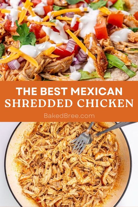 Spicy and savory Mexican Pulled Chicken is perfect for tacos, burritos, enchiladas…but pretty delicious in a bowl all by itself! Pulled Chicken Taco Bowl, Mexican Chicken Tostadas Recipes, Chicken For Mexican Dishes, Shredded Chicken Tacos Healthy, Shredded Chicken For Burritos, Southwest Pulled Chicken, Wet Burrito Recipe Chicken, Mexican Chicken Burrito Bowl, Chicken Tacos Mexican