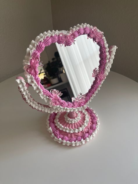 "This cake is perfect for bathroom selfies, on a cute shelf or on a vanity <3 Products used: lightweight spackle, acrylic paint, mirror,  Dimensions: 9.7\"L x 5.8\"W" Mermaid Mirror Diy, Mirror Crafts Diy, Y2k Maximalist, Cake Mirror, Paint Mirror, Cute Shelf, Mermaid Mirror, Bathroom Selfies, Bow Cake