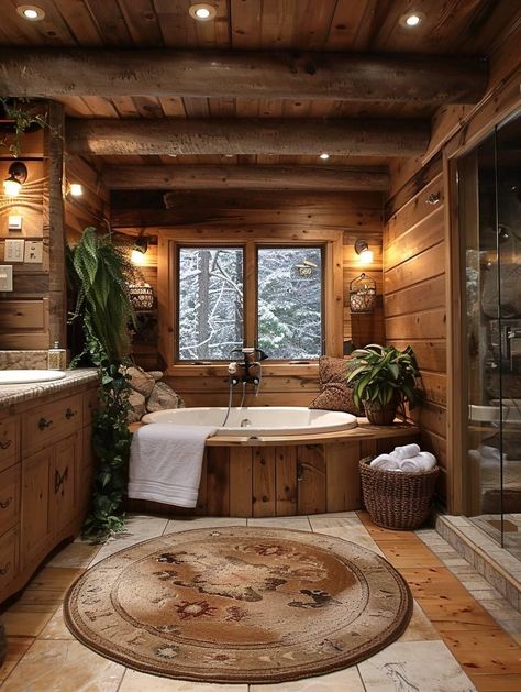 Shower Cabin With Bathtub, Log Homes Bathroom, Log Cabin Master Bath, Log Cabin House Aesthetic, Log Cabin Homes Interior Bathroom, Cabin In The Woods Bathroom, Mountain House Bathroom Ideas, Bathroom Ideas Cabin, Log Cabin Bathrooms