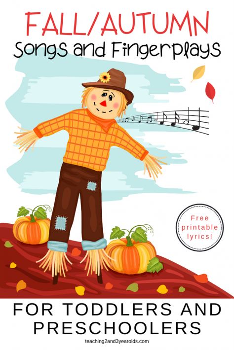 Scarecrow Fingerplays, Preschool Fall Songs And Fingerplays, Fall Rhymes Preschool, Fall Physical Activities For Preschool, Scarecrows For Preschool, Fall Music Activities Preschool, Fall Preschool Songs Free Printable, Circle Time Songs With Movement, Pumpkin Movement Activities Preschool