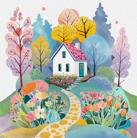 Whimsical Greenhouse, Garden Illustrations, Naive Illustration, Diy Watercolor Painting, House Illustration, Whimsical Illustration, Landscape Illustration, Painting Inspiration, Art Lessons