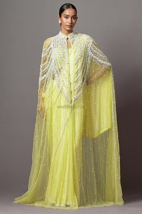 Cocktail Sarees With Jackets Are So In & Here Are Some Of Our Favorites That You Can Buy! | WeddingBazaar Sequin Cape, Arabian Dress, Cape Wedding Dress, Pranali Rathod, Indian Fashion Designers, Embroidered Jacket, Bride Bridal, Bridal Outfits, Baroque Pearls