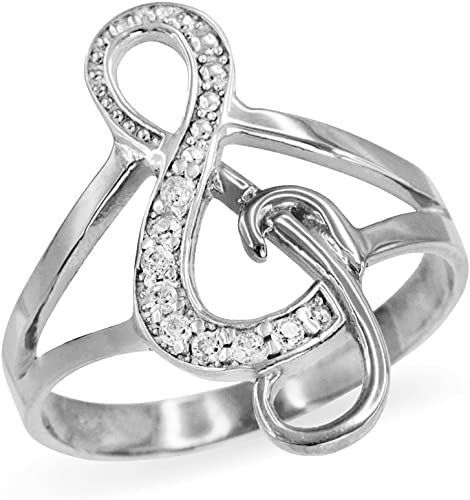 Treble G-Clef Music Note Diamond Ring in Polished 10k White Gold Treble Clef Ring, Music Ring, Music Rings, Diamond Cuff Ring, Green Gemstone Ring, Gold Diamond Studs, Gold G, Music Jewelry, Treble Clef