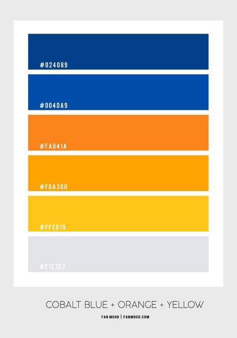 Cobalt Blue, Orange and Yellow Color Scheme – Color Palette #71 1 - Fab Mood | Wedding Colours, Wedding Themes, Wedding colour palettes Black Yellow Blue Color Scheme, Navy Blue And Yellow Color Palette, Colour Palette Yellow Blue, Cobalt Blue Colour Palette, Yellow And Orange Palette, Yellow Color Combo, Cobalt Blue Color Scheme, Cobalt Blue Palette, Cobalt Blue Color Combinations