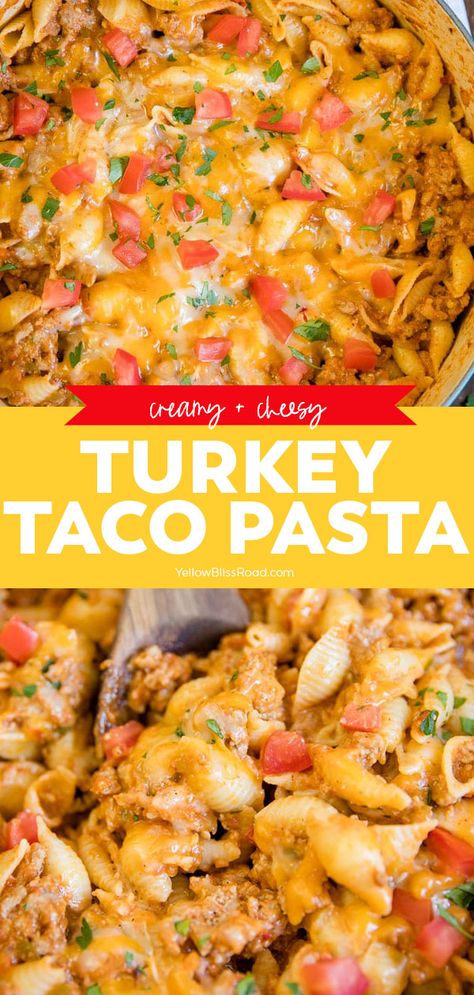 Ground Turkey Taco Pasta is a super creamy and flavor-packed meal made a little lighter with lean ground turkey. This easy meal idea is going to change the way you do taco night! Turkey Taco Pasta, Ground Turkey Recipes Easy, Ground Turkey Recipes Healthy, Ground Turkey Tacos, Turkey Pasta, Healthy Ground Turkey, Turkey Taco, Turkey Tacos, Taco Pasta