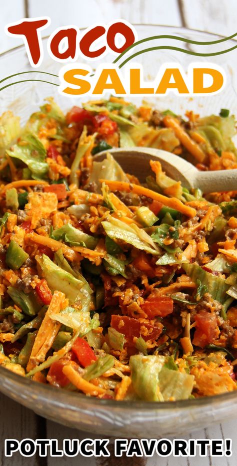 This TACO SALAD recipe is my go-to when I want a quick and easy meal. I love the spices and Doritos crunch! Plus, as evidence proved, it's a hit to take along to dinners and functions, it's the perfect camping and potluck salad! #tacosalad #salad #saladrecipe #camping #potlucksalad Taco Salad For Party, Mexican Food Recipes Salad, Party Taco Salad, Recipes Salads, Taco Salad Potluck, Taco Salad With Ranch Dressing, Pioneer Woman Taco Salad, Doritos Taco Salad Recipe, Taco Salad Recipe Dorito