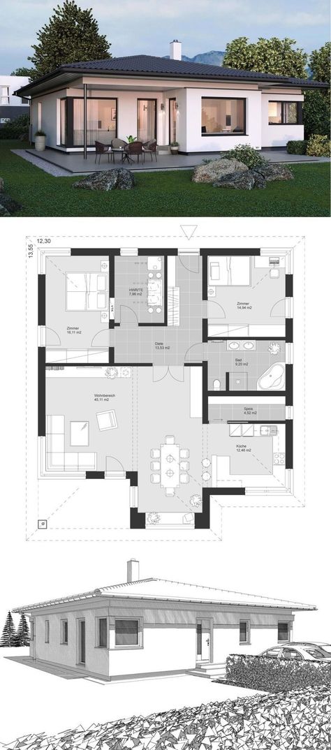 Bungalow House Floor Plans, House Plans Open Floor, House Architecture Styles, Pelan Rumah, House Design Exterior, House Layout Plans, Layout Architecture, Plans Modern, Modern Bungalow