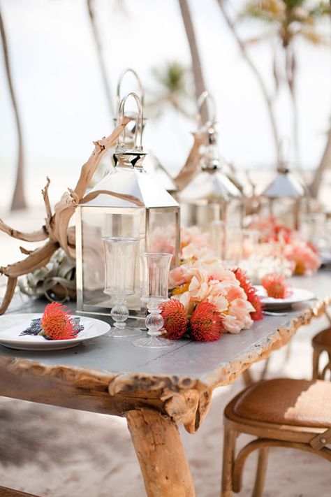 Rustic, beach.  Photography by www.ktmerry.com, Styling by www.davidfittin.com, Flowers by www.parrishdesignslondon.com Beach Wedding Coral, Autumn Celebration, Flowers And Candles, Fall Beach, Beach Wedding Reception, Beach Table, Village Photos, Table Set Up, Beach Theme Wedding