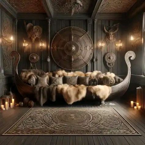 Norse Home Aesthetic, Viking Bed Frame, Viking Living Room, Viking Inspired Home, Viking Interior Design, Viking Decor Interior Design, Viking House Interiors, Viking Interior, Viking Lodge