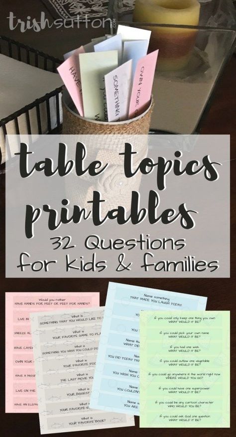 Table Topics, Conversation Starters, 20 Questions or Icebreakers all equate to a fun way to get kids talking. Printable 32 Questions for Kids & Families. TrishSutton.com Table Games For Adults, Dinner Table Games, Family Conversation Starters, Table Topics, Conversation Starters For Kids, Questions For Kids, Thanksgiving Games For Kids, Family Conversation, Dinner Games