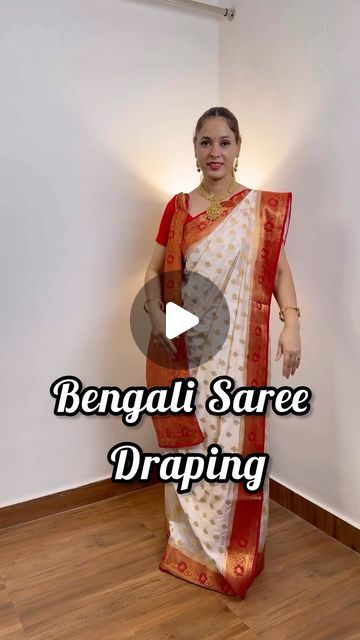 Charu Sharma on Instagram: "Save and share  Bengali saree Draping 

Try this on Durga Pooja ( Sindhur Khela )

[ saree draping, Durga Puja, Festival ]" Bengali Look Saree, Bengali Drape, Bengali Saree Draping, Bengali Saree Look, Durga Puja Look, Saree Folding, Durga Pooja, Bengali Saree, Saree Draping