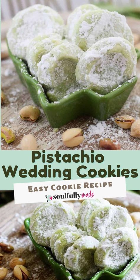 Pistachio Wedding Cookies are soft, buttery cookies that are a little sweet, a little salty, and a whole lot of deliciousness. These melt-in-your-mouth cookies just might have you reaching into that cookie jar often this Holiday Season Pistachio Wedding Cookies, Vintage Cookie Recipes, Pistachio Wedding, Pistachio Pudding Cookies, Wedding Cookies Recipe, Pistachio Dessert, Salty Cookies, Pistachio Recipes, Pistachio Cookies