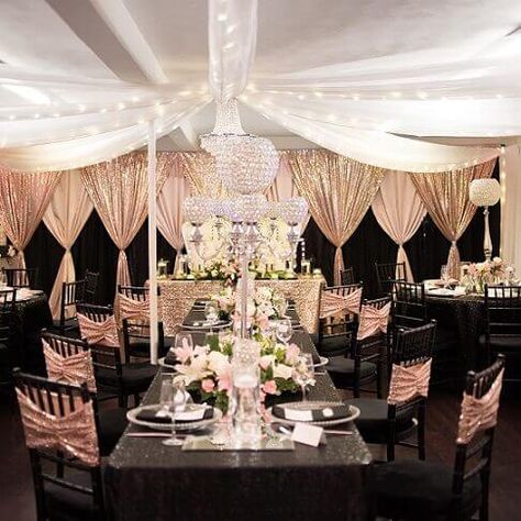 Black Rose Gold Party, Rose Gold Quinceanera Theme, Blush Pink And Black Wedding, Gold Quinceanera Theme, Black Tablecloths, Blush Curtains, Gold Theme Party, Rose Gold Quinceanera, Reception Planning