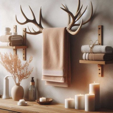 30 Unique Ways to Incorporate Antlers into Your Home Decor » HomeDecorFull Deer Hunting Bathroom Decor, Deer Head Mantle Decor, Deer Bathroom Decor, How To Display Deer Antlers, Modern Rustic Farmhouse Decor, Rustic Living Room Wall Decor Ideas, Vaulted Wall Decor Ideas, Deer Horns Decor, Diy Antler Projects