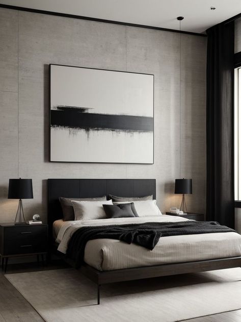 Add a touch of sophistication to a mens bedroom with sleek and modern wall art pieces like abstract paintings or black and white photography. Complement the art with industrial or rustic furniture pieces for a masculine yet stylish look. Modern Bedroom Ideas For Men, Man Bedroom Ideas, Apartment Contemporary, Mens Apartment Decor, Bachelor Bedroom, Male Bedroom Ideas, Masculine Wall Art, Hate To Love, Mens Bedroom Decor