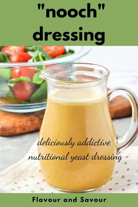 A deliciously addictive dressing for salads, grilled vegetables or cooked grains, this Hollyhock Nutritional Yeast Dressing (known fondly as Nooch dressing) is high in protein, minerals and B vitamins. #nooch #nutritionalyeast #salad #dressing #hollyhock Yeast Recipes Baking, Nutritional Yeast Dressing, Peach Salad Dressing, Citrus Salad Dressing, Best Salad Dressing, Vinegar Salad Dressing, Nutritional Yeast Recipes, Healthy Dressing, Yeast Recipes