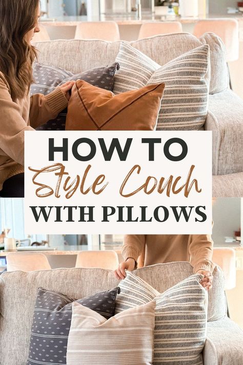 how to style couch with pillows Grey Sofa Styling, Style Couch Pillows, Gray Sofa Styling, Couch Pillow Arrangement, Bedroom Pillows Arrangement, Beige Couch Living Room, Throw Pillow Arrangement, Couch With Pillows, Beige Couch